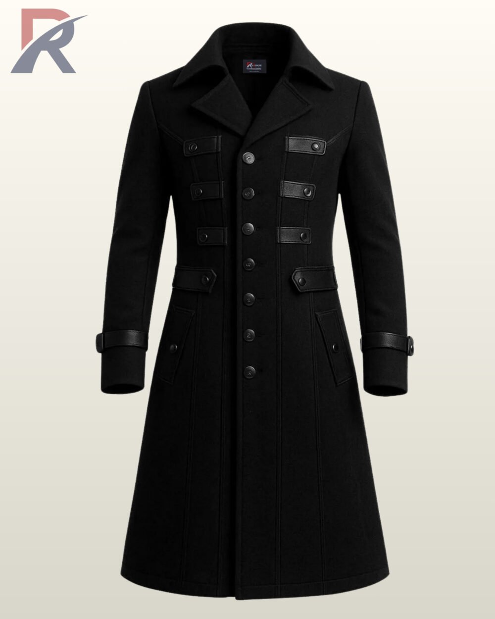 Men's black gothic parade trench coat with horizontal chest tabs and central metal buttons.