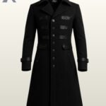 Men's black gothic parade trench coat with horizontal chest tabs and central metal buttons.