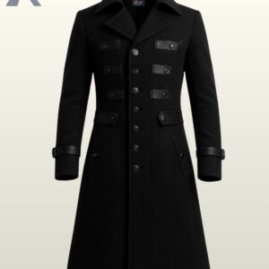 Men's black gothic parade trench coat with horizontal chest tabs and central metal buttons.