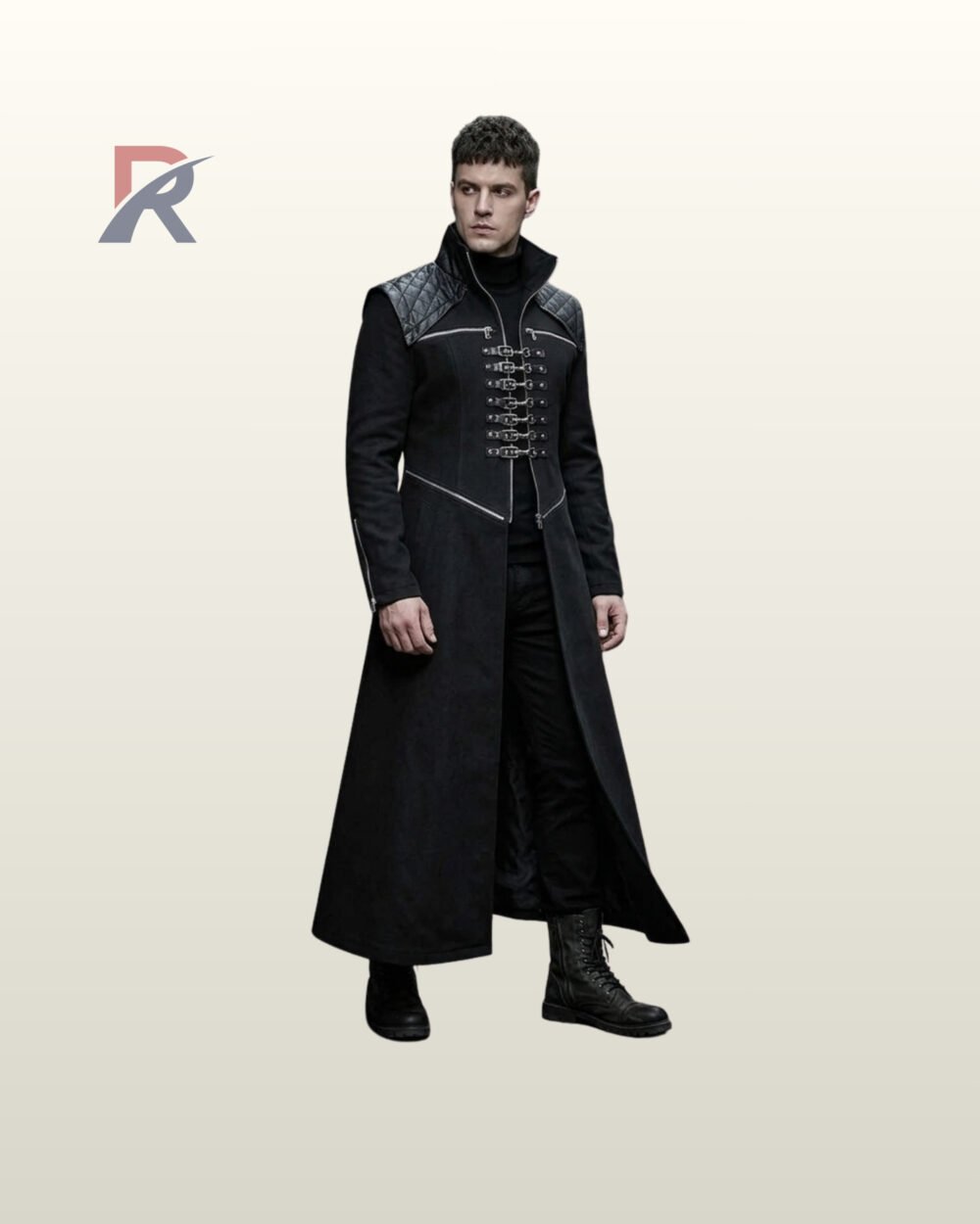 Men's gothic assassin style long black overcoat styled with lace-up combat boots, featuring high mandarin collar and zip chest paneling.
