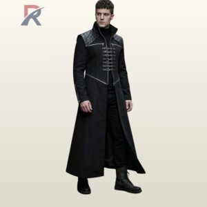 Men's gothic assassin style long black overcoat styled with lace-up combat boots, featuring high mandarin collar and zip chest paneling.