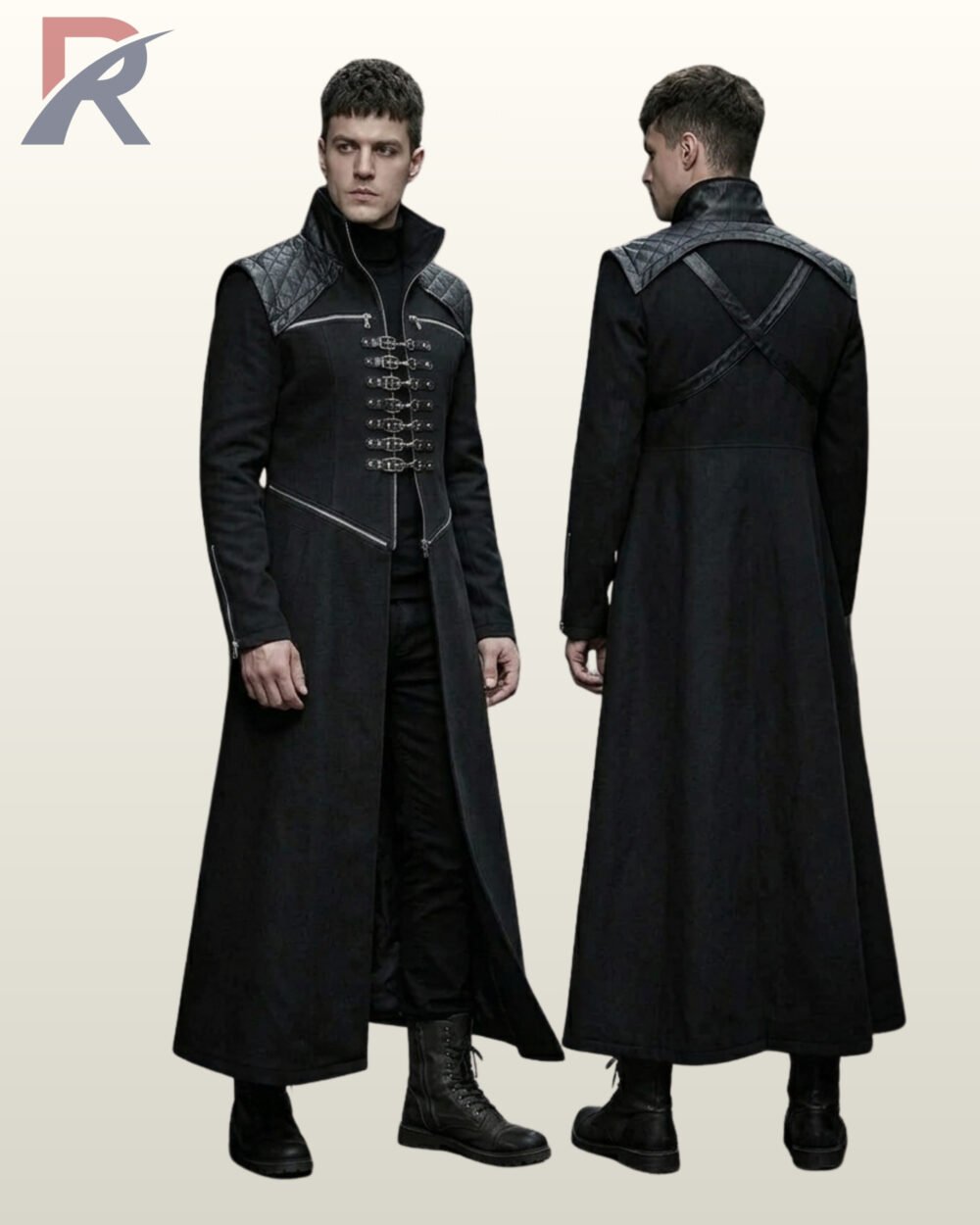 Side-by-side front three-quarter and rear model view of a men's black gothic floor-length trench coat with quilted shoulder pads and chest clasps.