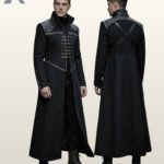 Side-by-side front three-quarter and rear model view of a men's black gothic floor-length trench coat with quilted shoulder pads and chest clasps.