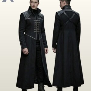 Side-by-side front three-quarter and rear model view of a men's black gothic floor-length trench coat with quilted shoulder pads and chest clasps.