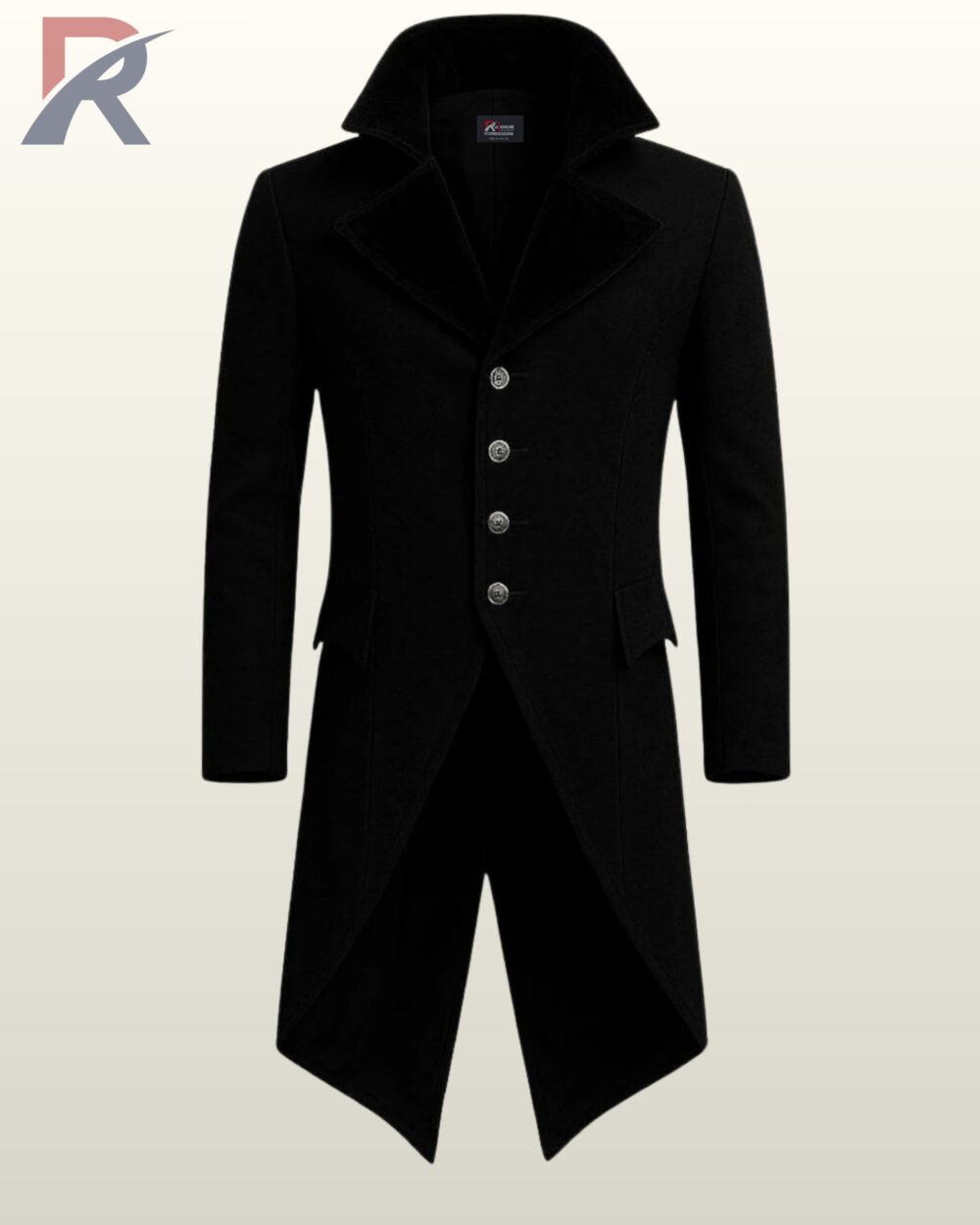 Black men's gothic steampunk trench coat with a high collar and metal buttons.