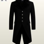 Black men's gothic steampunk trench coat with a high collar and metal buttons.