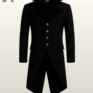 Black men's gothic steampunk trench coat with a high collar and metal buttons.