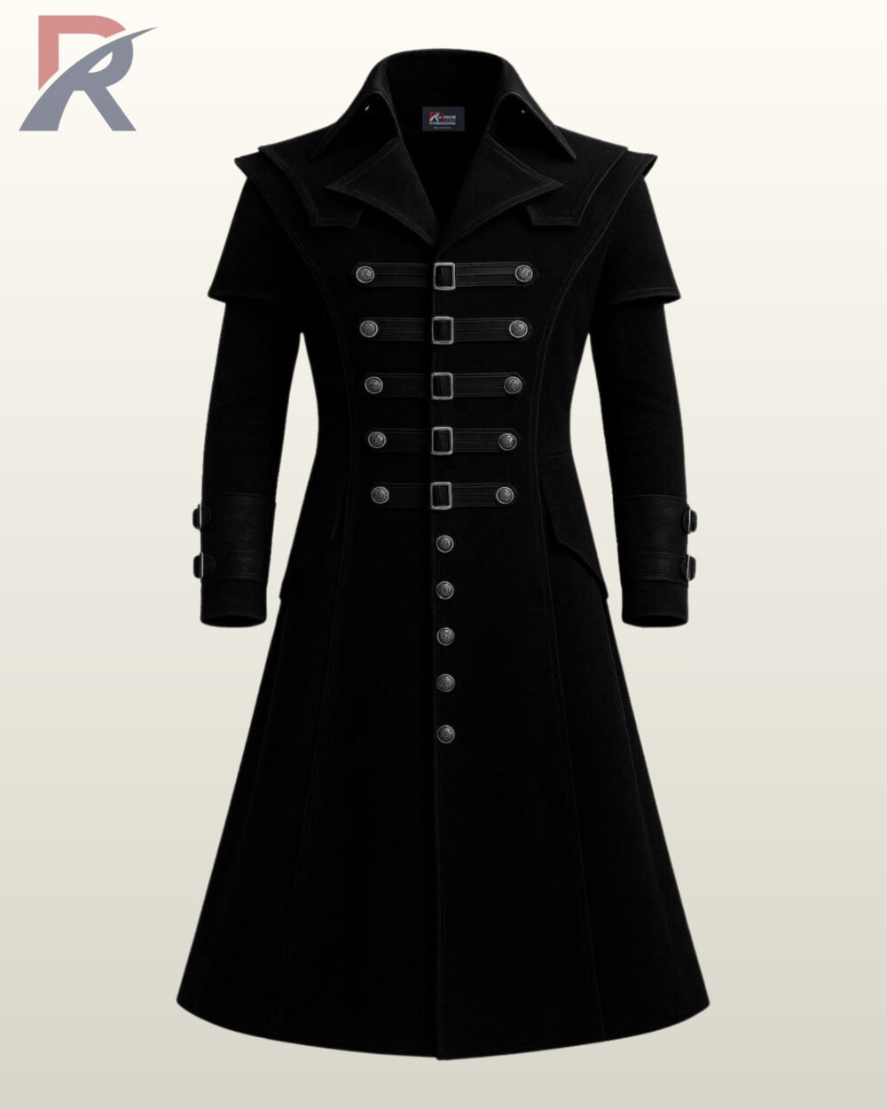 mens-black-military-steampunk-trench-coat.jpg Men's black military-style steampunk trench coat with double-breasted buttons and sleeve straps.