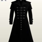 Men's black military-style steampunk trench coat with double-breasted buttons and sleeve straps.