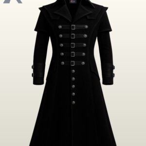 Men's black military-style steampunk trench coat with double-breasted buttons and sleeve straps.