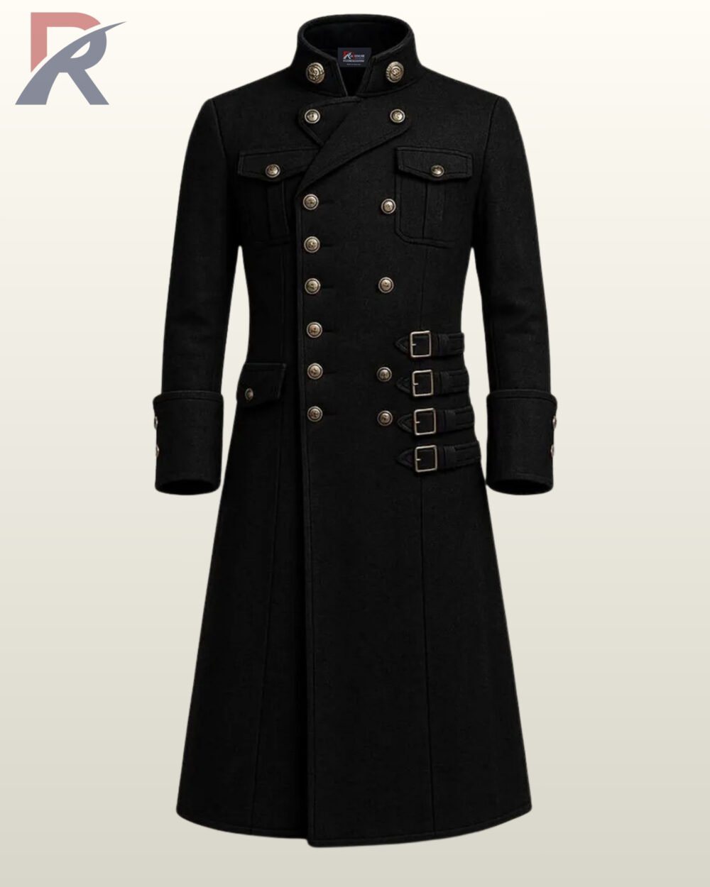 Men's black military-style steampunk trench coat with double-breasted buttons and side buckle straps.