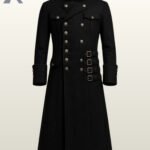 Men's black military-style steampunk trench coat with double-breasted buttons and side buckle straps.