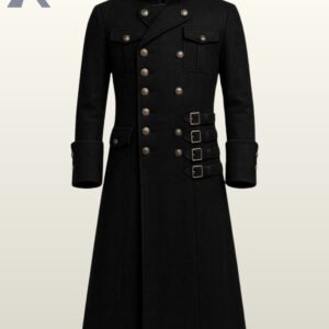 Men's black military-style steampunk trench coat with double-breasted buttons and side buckle straps.