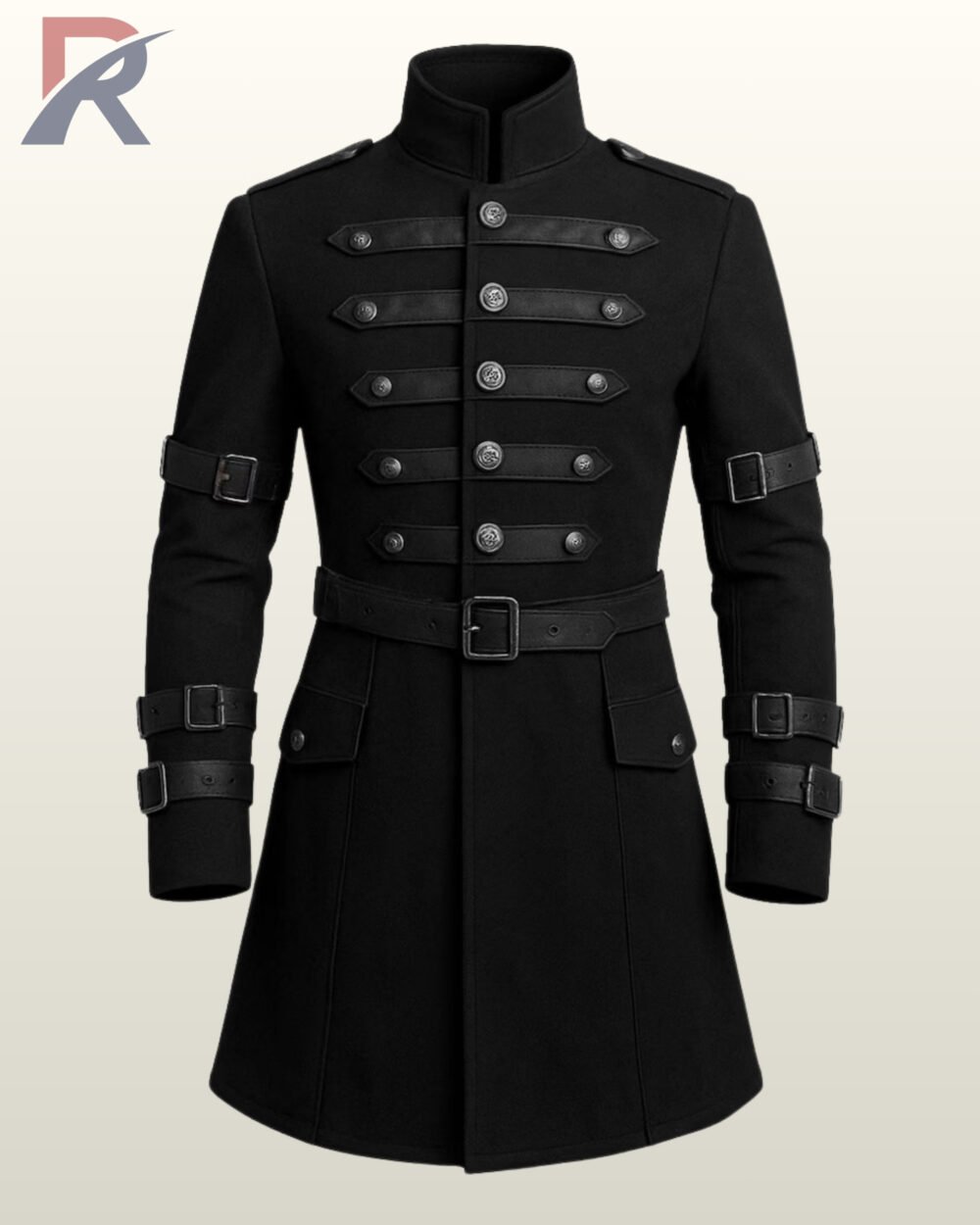 Men's black military-style steampunk trench coat with double-breasted buttons and sleeve straps.