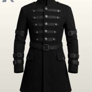 Men's black military-style steampunk trench coat with double-breasted buttons and sleeve straps.