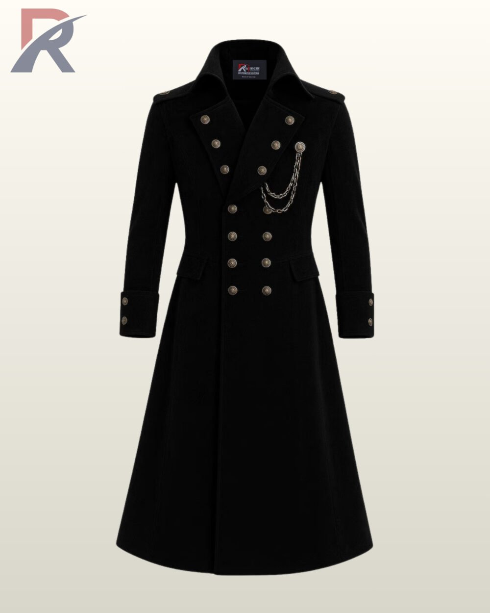Long dark fantasy cosplay military jacket with an elegant flared bottom hemline and multi-button decorative front placket.