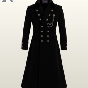 Long dark fantasy cosplay military jacket with an elegant flared bottom hemline and multi-button decorative front placket.
