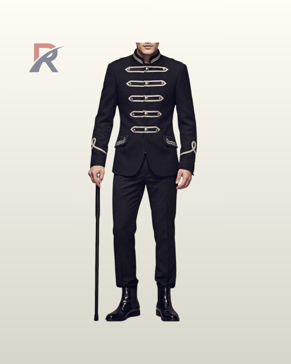 Men's victorian parade uniform jacket displaying silver cord chest fastenings, silver cuff embroidery, mandarin collar, and black trousers paired with a walking stick.