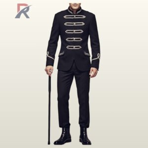 Men's victorian parade uniform jacket displaying silver cord chest fastenings, silver cuff embroidery, mandarin collar, and black trousers paired with a walking stick.