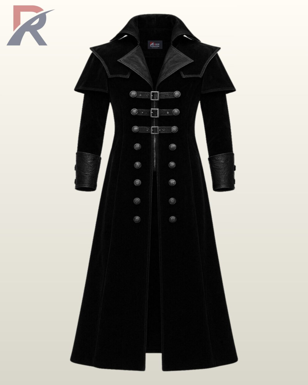 Flat display of a men's victorian gothic long velvet coat showcasing front zipper closure, antique silver button detailing, shoulder mantle, and leather cuffs.