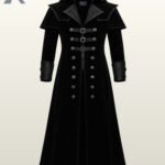 Flat display of a men's victorian gothic long velvet coat showcasing front zipper closure, antique silver button detailing, shoulder mantle, and leather cuffs.