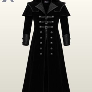 Flat display of a men's victorian gothic long velvet coat showcasing front zipper closure, antique silver button detailing, shoulder mantle, and leather cuffs.