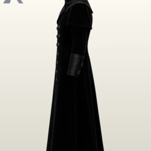 Side profile view of a men's black velvet gothic trench coat displaying textured faux leather buckled cuffs, standing collar, and layered shoulder cape.