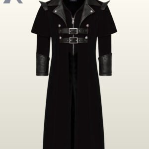 Front view of an all-black velvet steampunk duster jacket featuring textured black faux leather cuffs and trim.