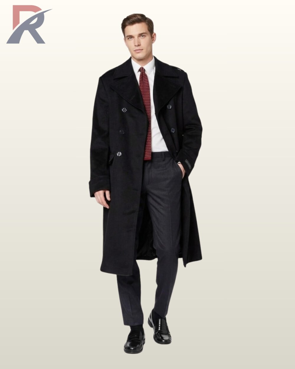 Full front view of a male model wearing a men's long black wool officer overcoat featuring six double-breasted buttons, wide notch lapels, and deep flap pockets.