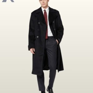 Full front view of a male model wearing a men's long black wool officer overcoat featuring six double-breasted buttons, wide notch lapels, and deep flap pockets.