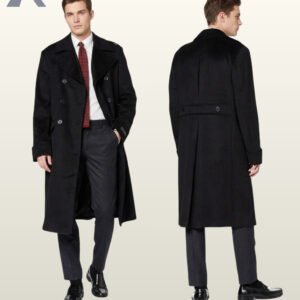 Full product catalog view showing front open-front styling with a white shirt and red tie alongside the structured rear perspective with back split vent.