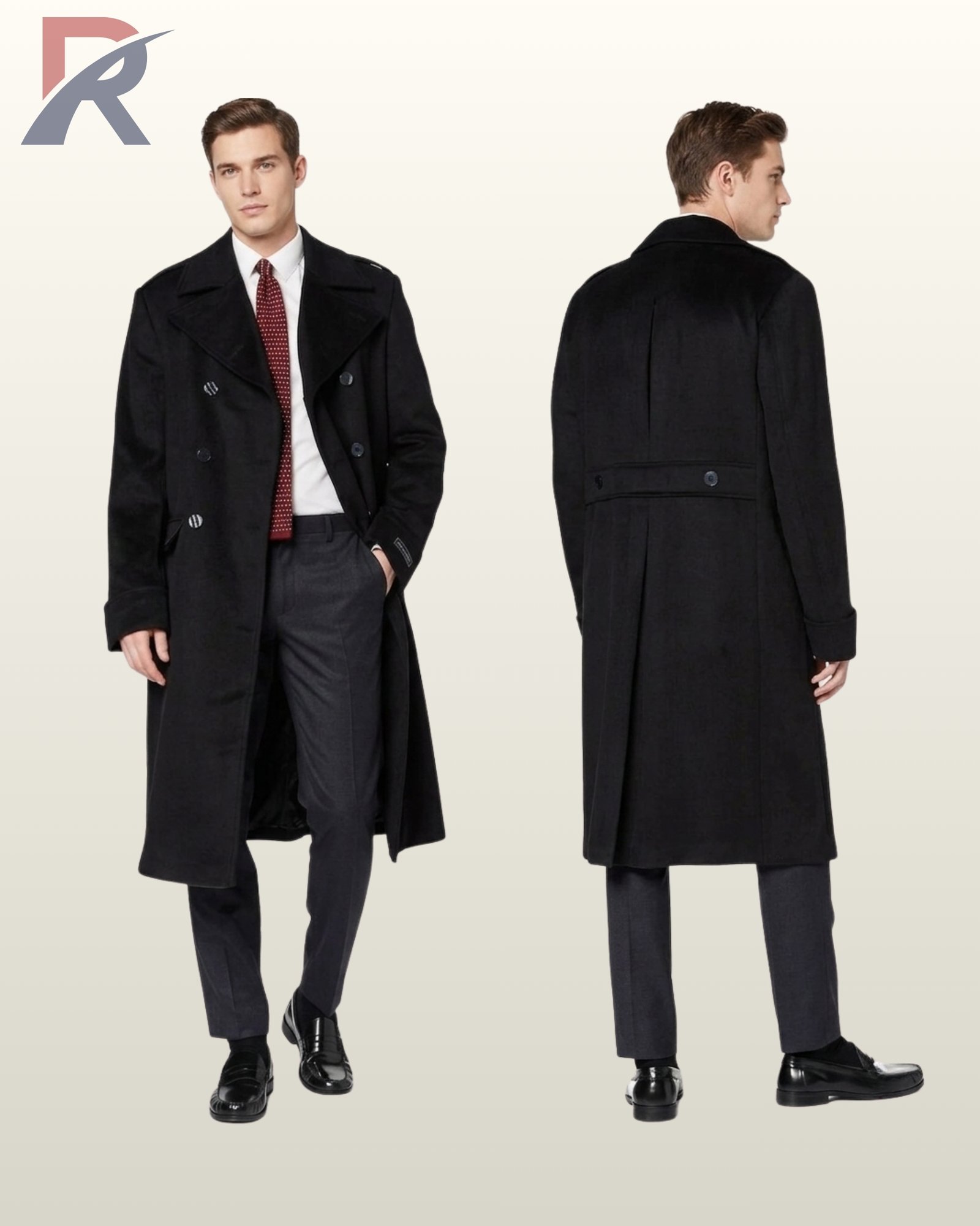 Full product catalog view showing front open-front styling with a white shirt and red tie alongside the structured rear perspective with back split vent.