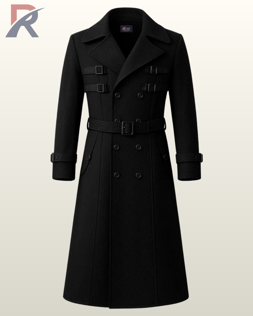 Men's long black wool trench coat with double-breasted buttons and a waist belt.
