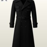 Men's long black wool trench coat with double-breasted buttons and a waist belt.
