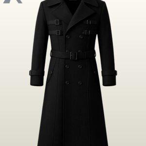 Men's long black wool trench coat with double-breasted buttons and a waist belt.