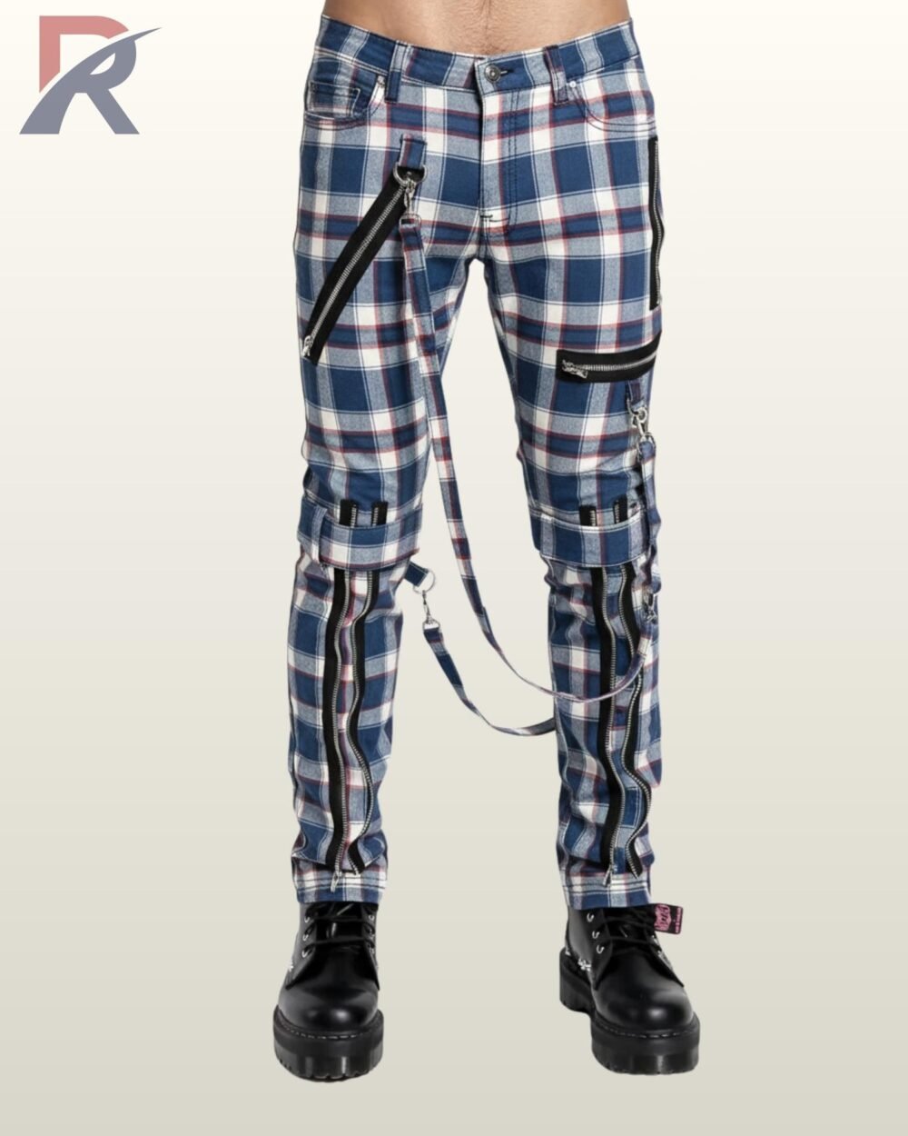 othic alternative fashion skinny pants in blue plaid pattern with removable decorative straps.