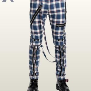 othic alternative fashion skinny pants in blue plaid pattern with removable decorative straps.