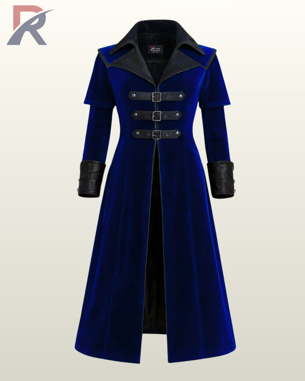 Front view of a deep blue velvet steampunk duster jacket detailed with black leather front buckle straps.