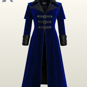 Front view of a deep blue velvet steampunk duster jacket detailed with black leather front buckle straps.