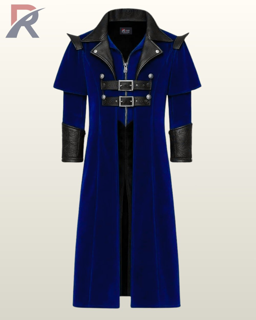 Front view of a deep blue velvet steampunk duster jacket featuring textured black faux leather cuffs and trim.