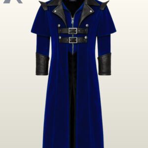 Front view of a deep blue velvet steampunk duster jacket featuring textured black faux leather cuffs and trim.