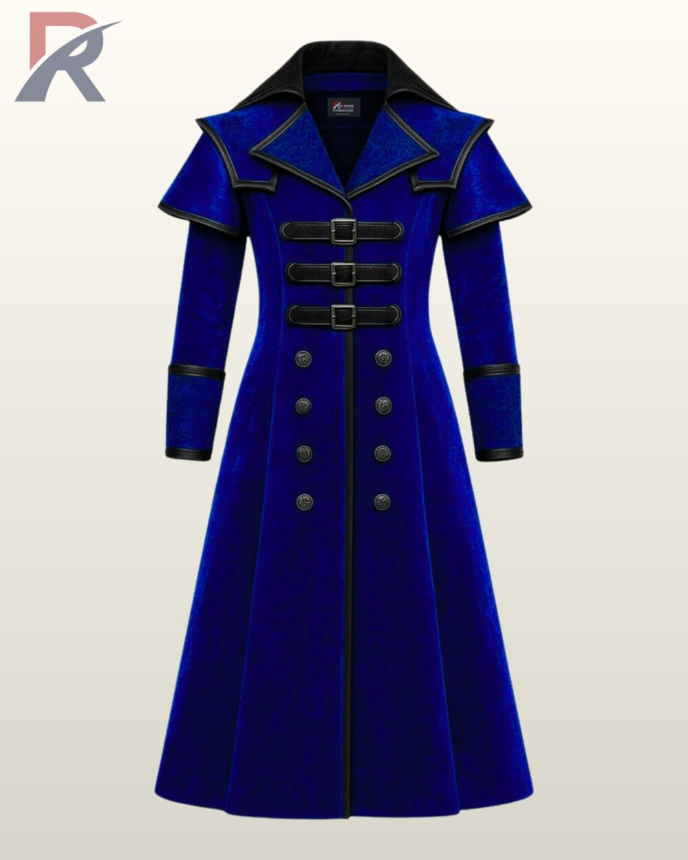 Royal blue gothic trench coat with ornate damask patterns and black contrast trim.
