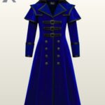 Royal blue gothic trench coat with ornate damask patterns and black contrast trim.