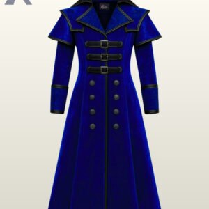 Royal blue gothic trench coat with ornate damask patterns and black contrast trim.