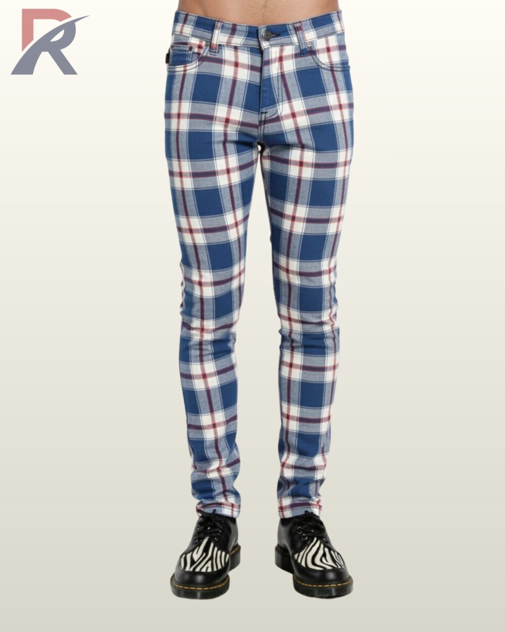 Front view of blue, white, and red tartan checkered trousers in a slim-cut fit.