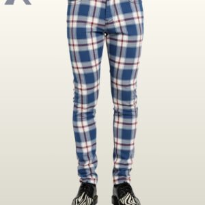 Front view of blue, white, and red tartan checkered trousers in a slim-cut fit.
