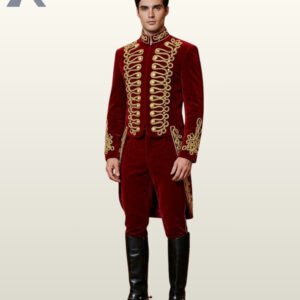 Full front model view of a men's deep burgundy red velvet hussar parade tailcoat suit featuring heavy gold bullion chest embroidery and matching velvet trousers.