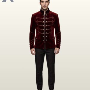 Men's maroon wine velvet parade jacket featuring standing mandarin collar, flap hip pockets, and sleeve braid detailing styled with black dress pants.