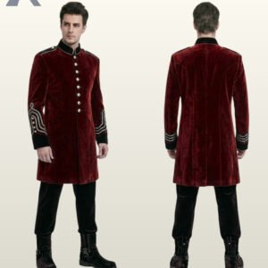 Side-by-side front three-quarter and rear model view of a men's deep burgundy red velvet military tunic coat with silver cuff embroidery.