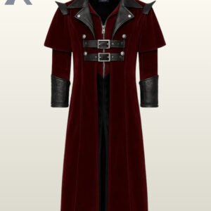 Front view of a wine red velvet steampunk duster jacket featuring textured black faux leather cuffs and trim.